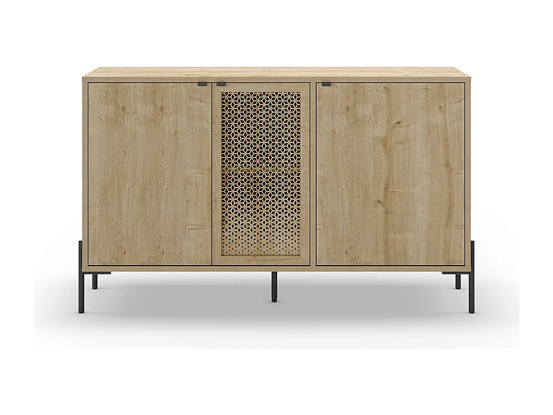 Buffet, meuble de rangement avec 3 portes aspect bois coloris chêne et pieds en métal noir - Longueur 125,60 x Profondeur 40 x Hauteur 80,50 cm
