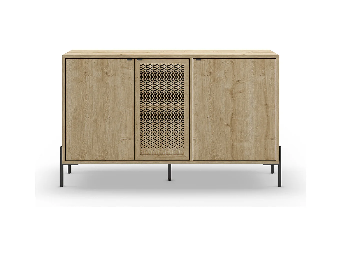 Buffet, meuble de rangement avec 3 portes aspect bois coloris chêne et pieds en métal noir - Longueur 125,60 x Profondeur 40 x Hauteur 80,50 cm