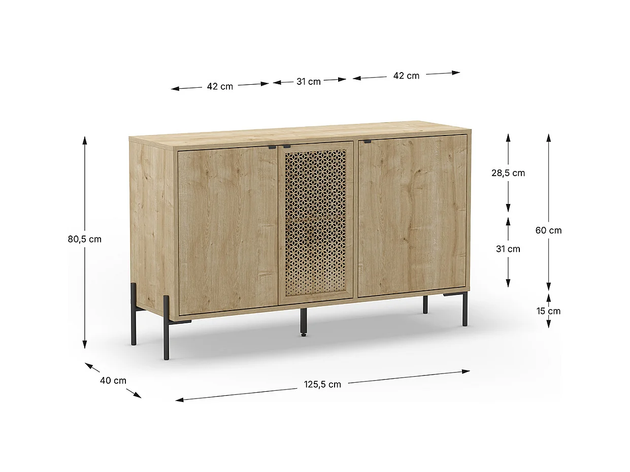 Buffet, meuble de rangement avec 3 portes aspect bois coloris chêne et pieds en métal noir - Longueur 125,60 x Profondeur 40 x Hauteur 80,50 cm