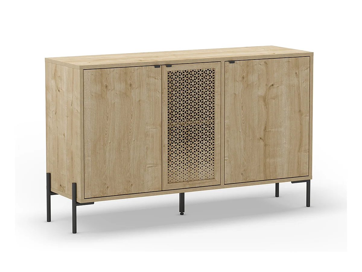 Buffet, meuble de rangement avec 3 portes aspect bois coloris chêne et pieds en métal noir - Longueur 125,60 x Profondeur 40 x Hauteur 80,50 cm