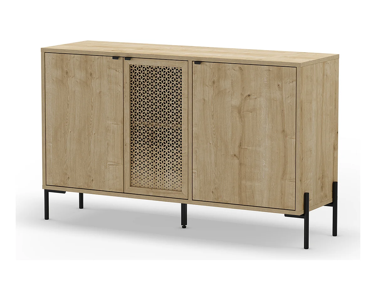 Buffet, meuble de rangement avec 3 portes aspect bois coloris chêne et pieds en métal noir - Longueur 125,60 x Profondeur 40 x Hauteur 80,50 cm