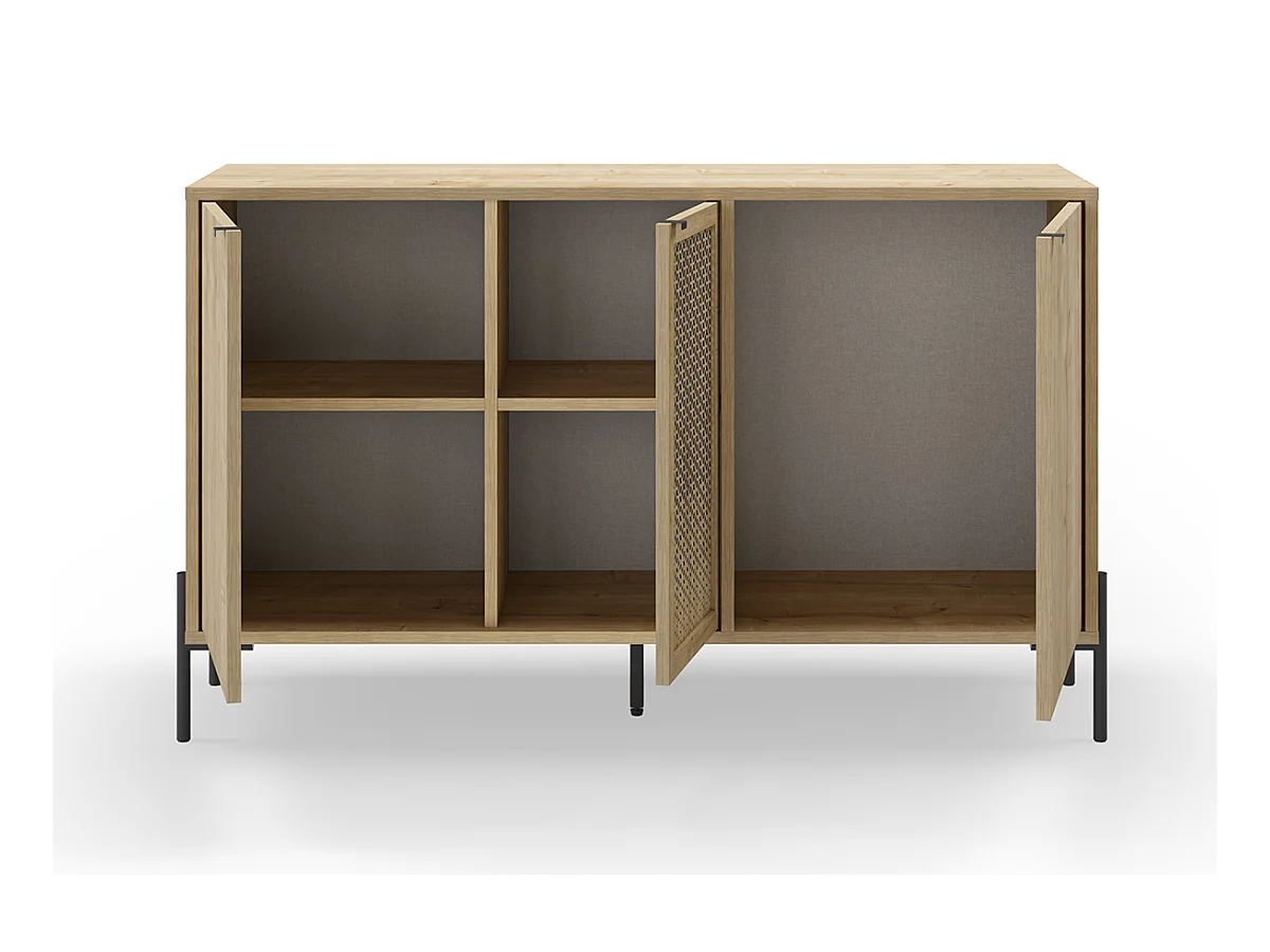 Buffet, meuble de rangement avec 3 portes aspect bois coloris chêne et pieds en métal noir - Longueur 125,60 x Profondeur 40 x Hauteur 80,50 cm