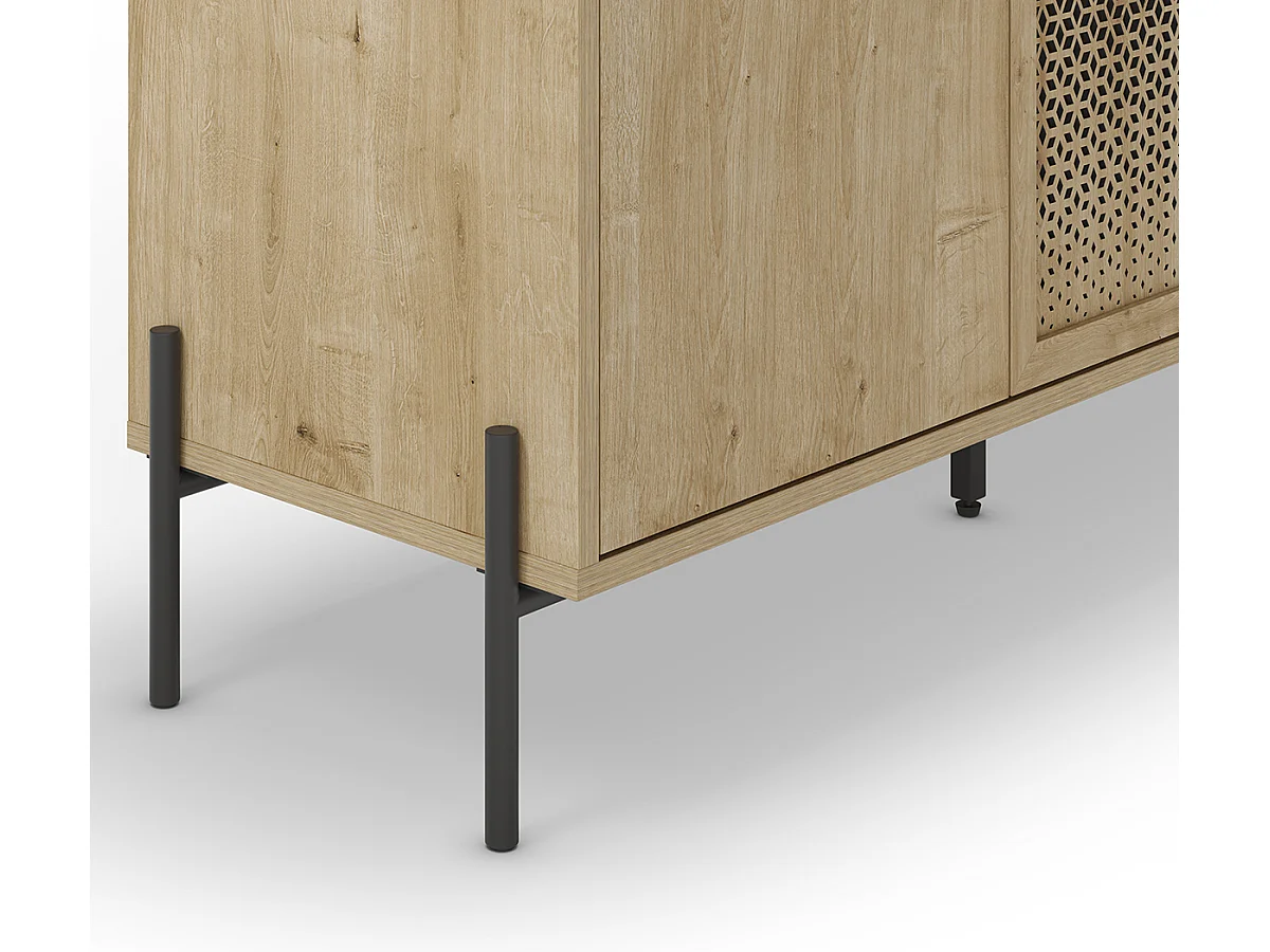 Buffet, meuble de rangement avec 3 portes aspect bois coloris chêne et pieds en métal noir - Longueur 125,60 x Profondeur 40 x Hauteur 80,50 cm