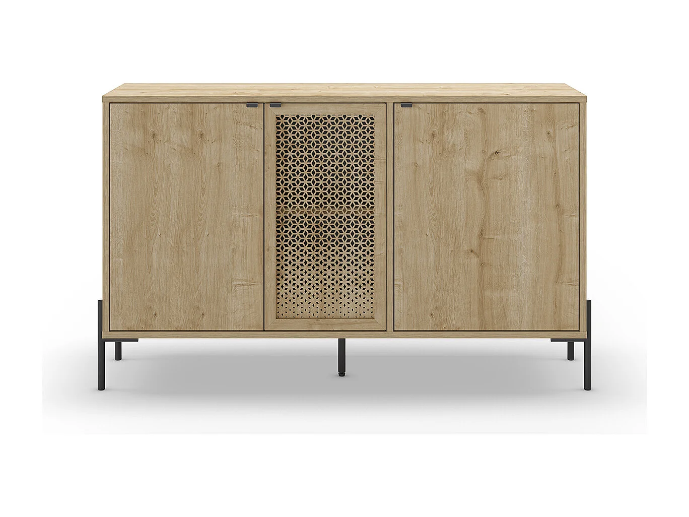 Buffet, meuble de rangement avec 3 portes aspect bois coloris chêne et pieds en métal noir - Longueur 125,60 x Profondeur 40 x Hauteur 80,50 cm