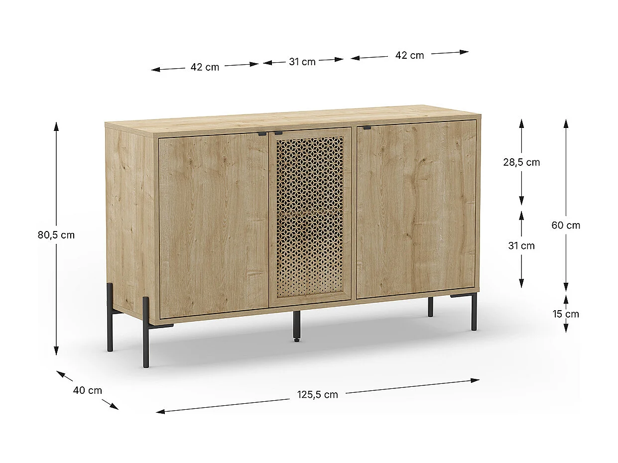 Buffet, meuble de rangement avec 3 portes aspect bois coloris chêne et pieds en métal noir - Longueur 125,60 x Profondeur 40 x Hauteur 80,50 cm