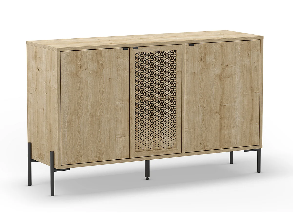 Buffet, meuble de rangement avec 3 portes aspect bois coloris chêne et pieds en métal noir - Longueur 125,60 x Profondeur 40 x Hauteur 80,50 cm