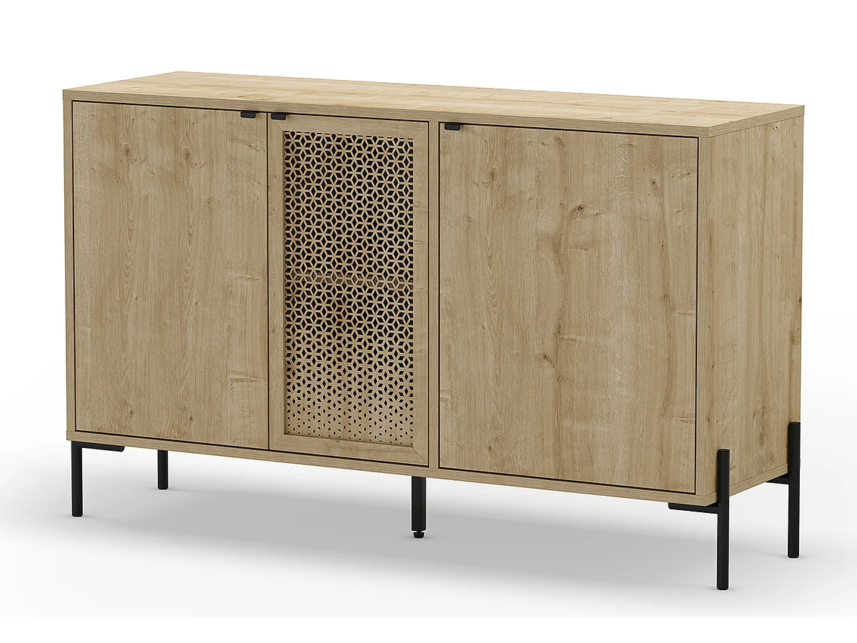 Buffet, meuble de rangement avec 3 portes aspect bois coloris chêne et pieds en métal noir - Longueur 125,60 x Profondeur 40 x Hauteur 80,50 cm