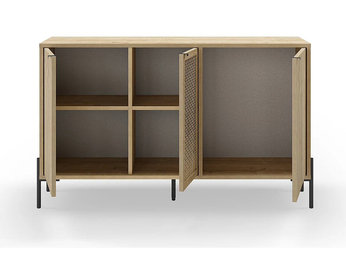Buffet, meuble de rangement avec 3 portes aspect bois coloris chêne et pieds en métal noir - Longueur 125,60 x Profondeur 40 x Hauteur 80,50 cm
