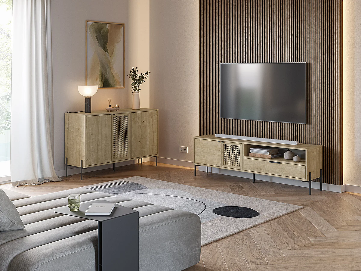 Buffet, meuble de rangement avec 3 portes aspect bois coloris chêne et pieds en métal noir - Longueur 125,60 x Profondeur 40 x Hauteur 80,50 cm