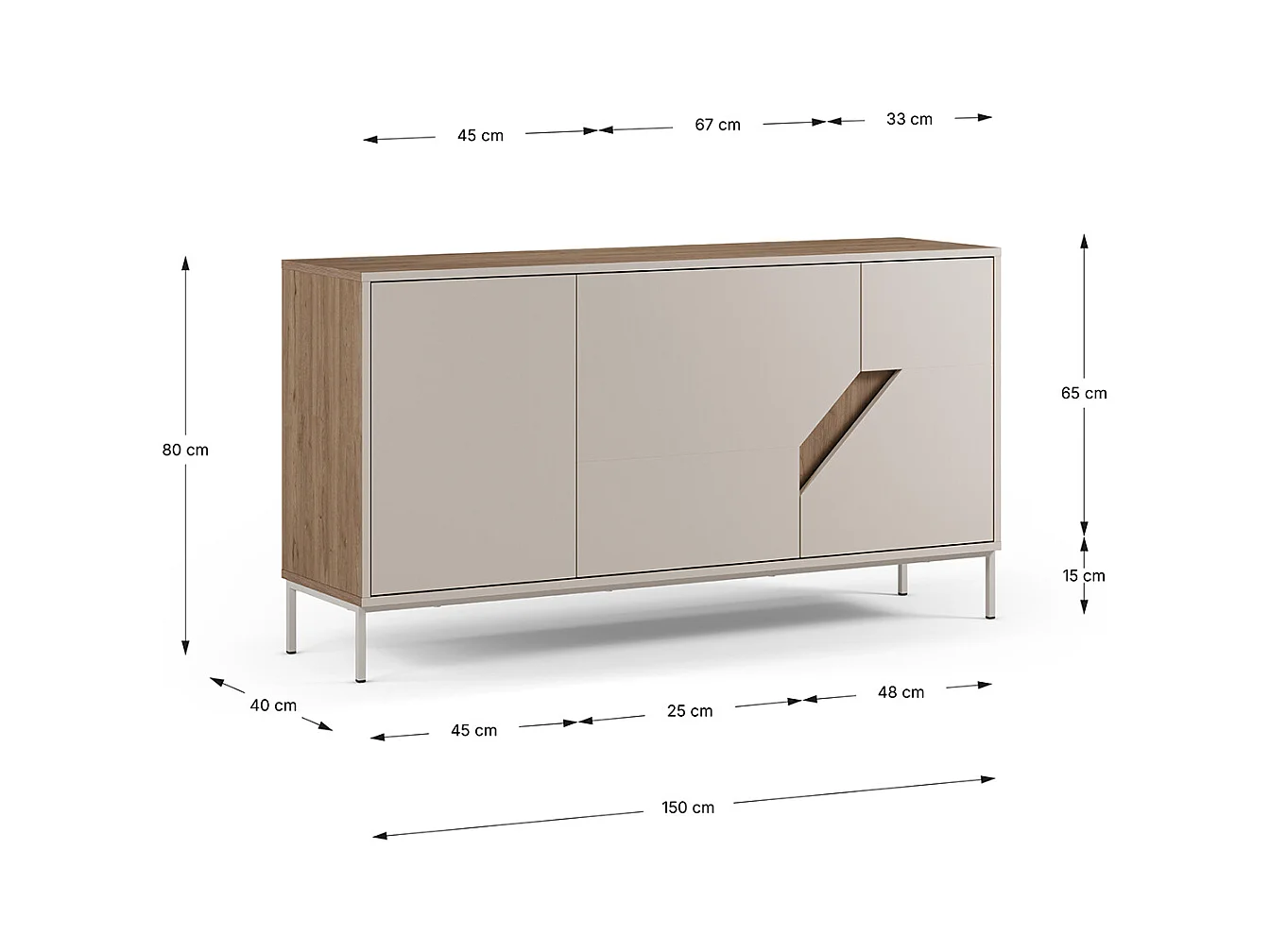 Buffet, commode de rangement avec 3 portes aspect bois coloris chêne, crème - Longueur 150 x Profondeur 40 x Hauteur 80 cm