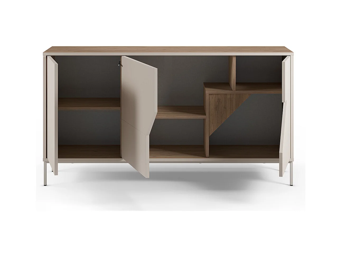 Buffet, commode de rangement avec 3 portes aspect bois coloris chêne, crème - Longueur 150 x Profondeur 40 x Hauteur 80 cm