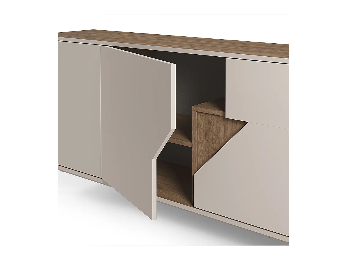Buffet, commode de rangement avec 3 portes aspect bois coloris chêne, crème - Longueur 150 x Profondeur 40 x Hauteur 80 cm