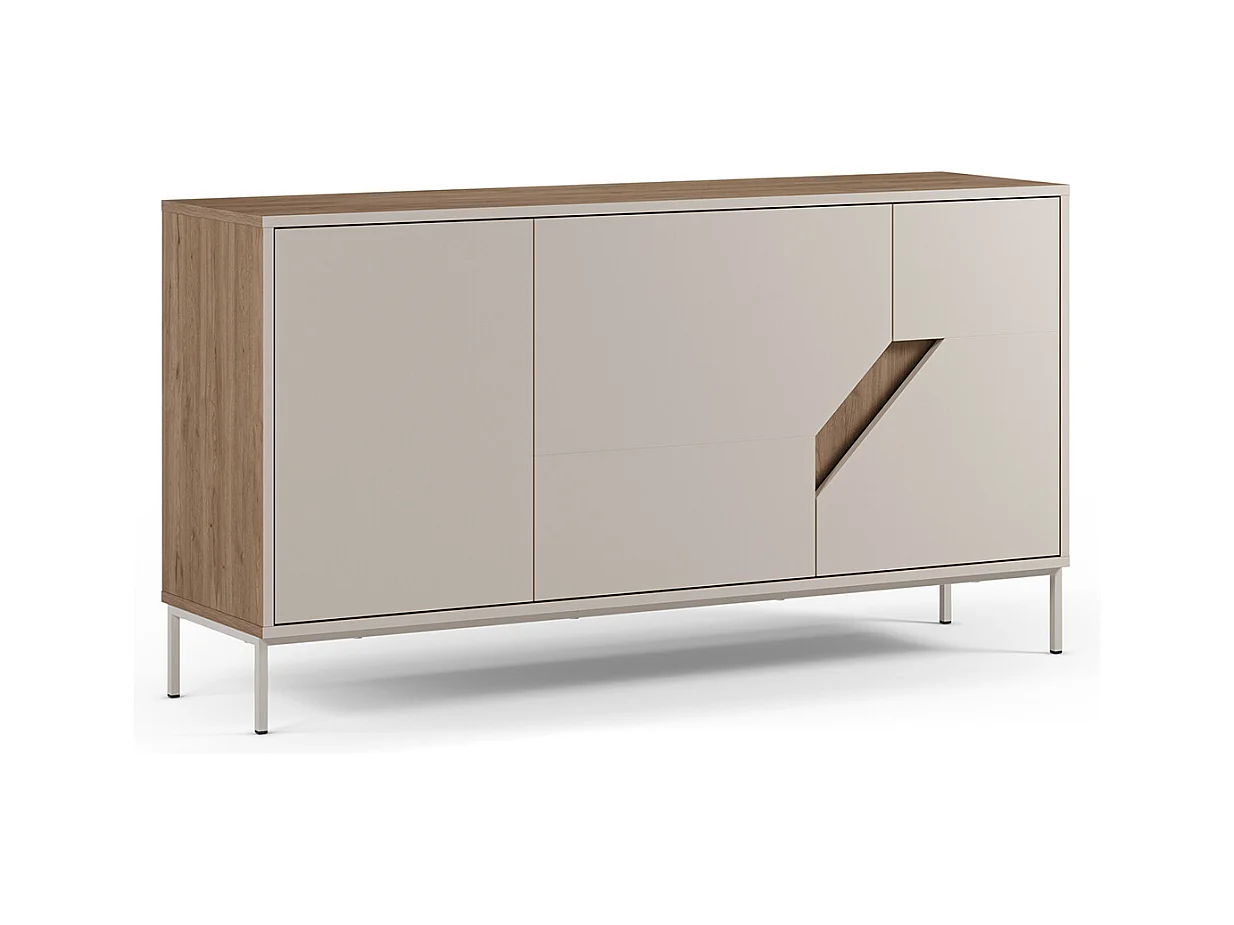 Buffet, commode de rangement avec 3 portes aspect bois coloris chêne, crème - Longueur 150 x Profondeur 40 x Hauteur 80 cm