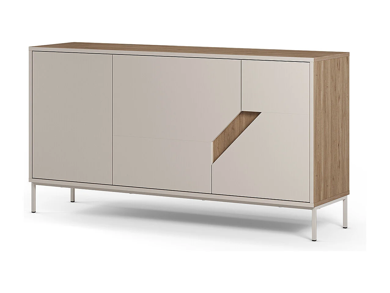 Buffet, commode de rangement avec 3 portes aspect bois coloris chêne, crème - Longueur 150 x Profondeur 40 x Hauteur 80 cm