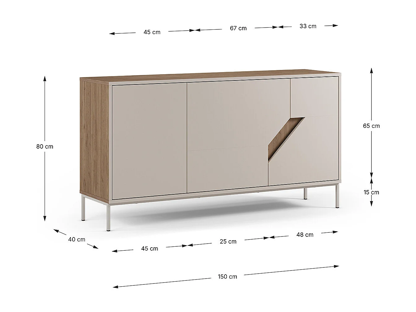 Buffet, commode de rangement avec 3 portes aspect bois coloris chêne, crème - Longueur 150 x Profondeur 40 x Hauteur 80 cm