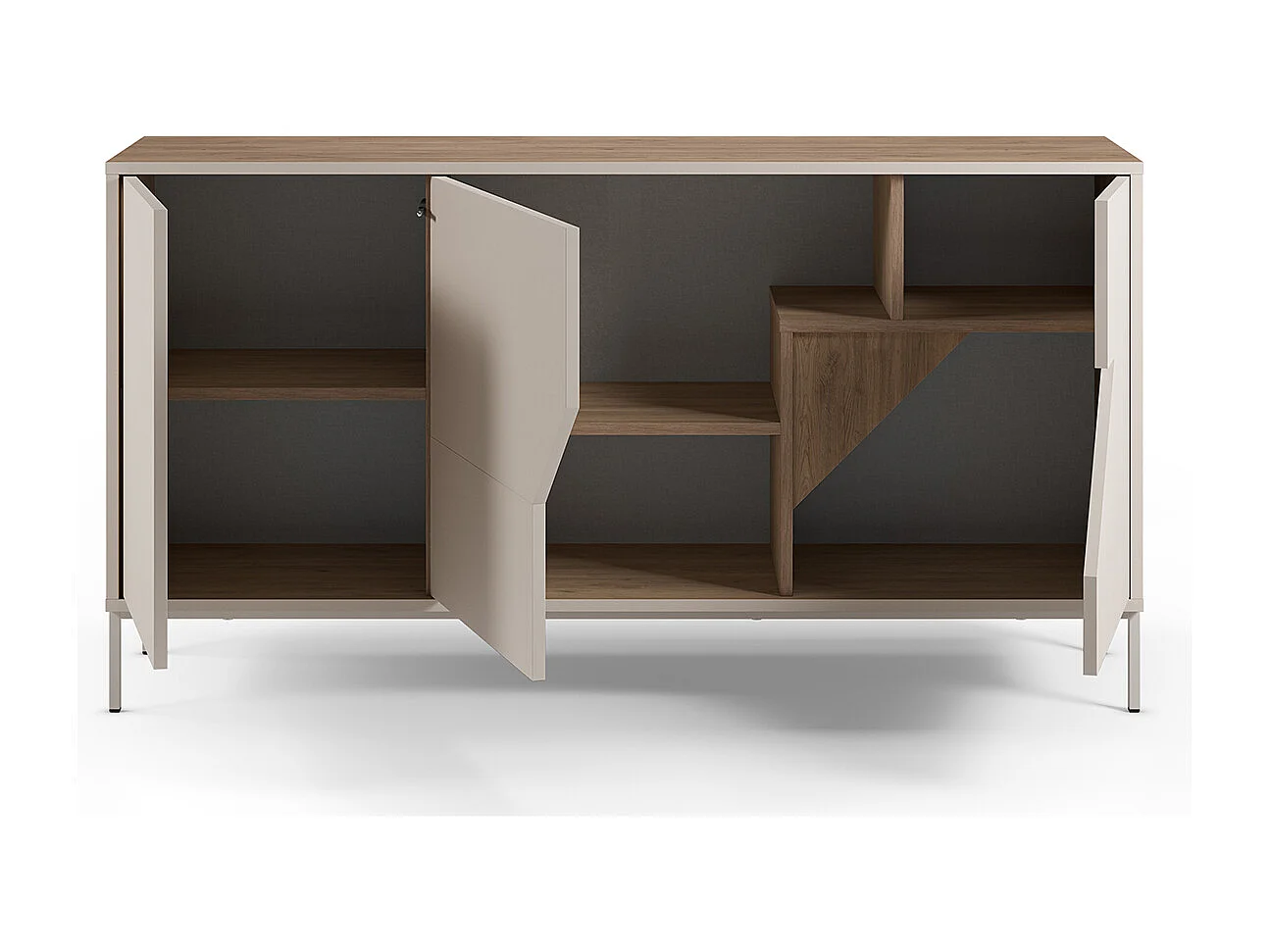 Buffet, commode de rangement avec 3 portes aspect bois coloris chêne, crème - Longueur 150 x Profondeur 40 x Hauteur 80 cm