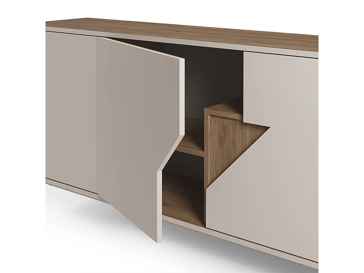 Buffet, commode de rangement avec 3 portes aspect bois coloris chêne, crème - Longueur 150 x Profondeur 40 x Hauteur 80 cm