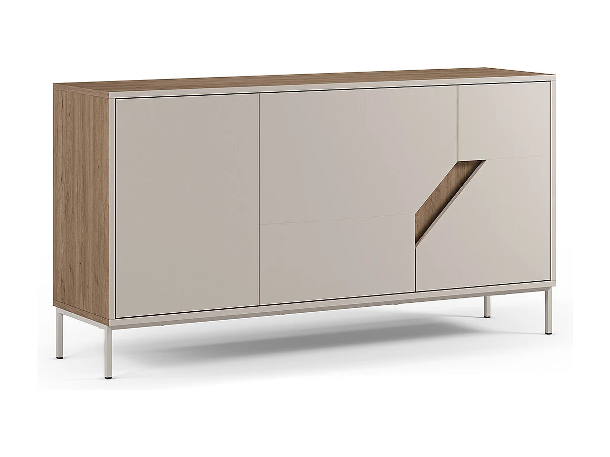 Buffet, commode de rangement avec 3 portes aspect bois coloris chêne, crème - Longueur 150 x Profondeur 40 x Hauteur 80 cm