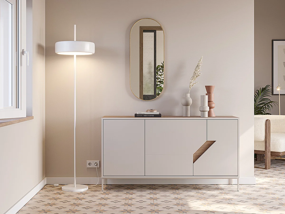 Buffet, commode de rangement avec 3 portes aspect bois coloris chêne, crème - Longueur 150 x Profondeur 40 x Hauteur 80 cm