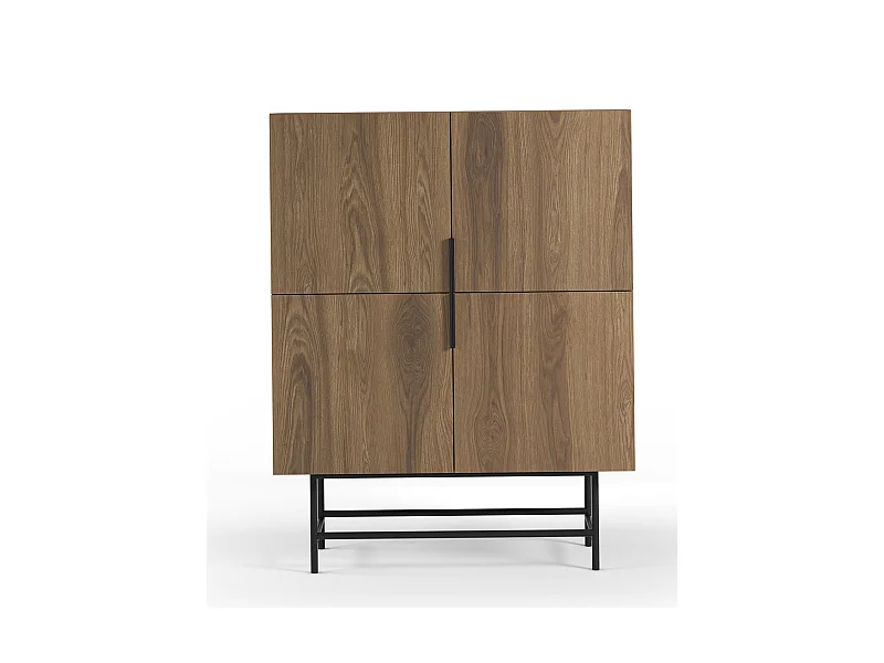 Buffet, meuble de rangement avec 4 portes aspect bois coloris chêne, pieds en métal coloris noir - Longueur 100 x Profondeur 40 x Hauteur 128 cm