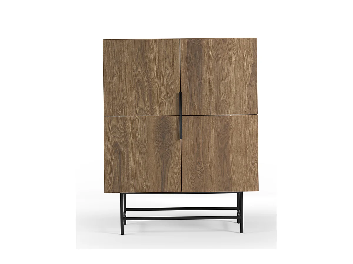 Buffet, meuble de rangement avec 4 portes aspect bois coloris chêne, pieds en métal coloris noir - Longueur 100 x Profondeur 40 x Hauteur 128 cm