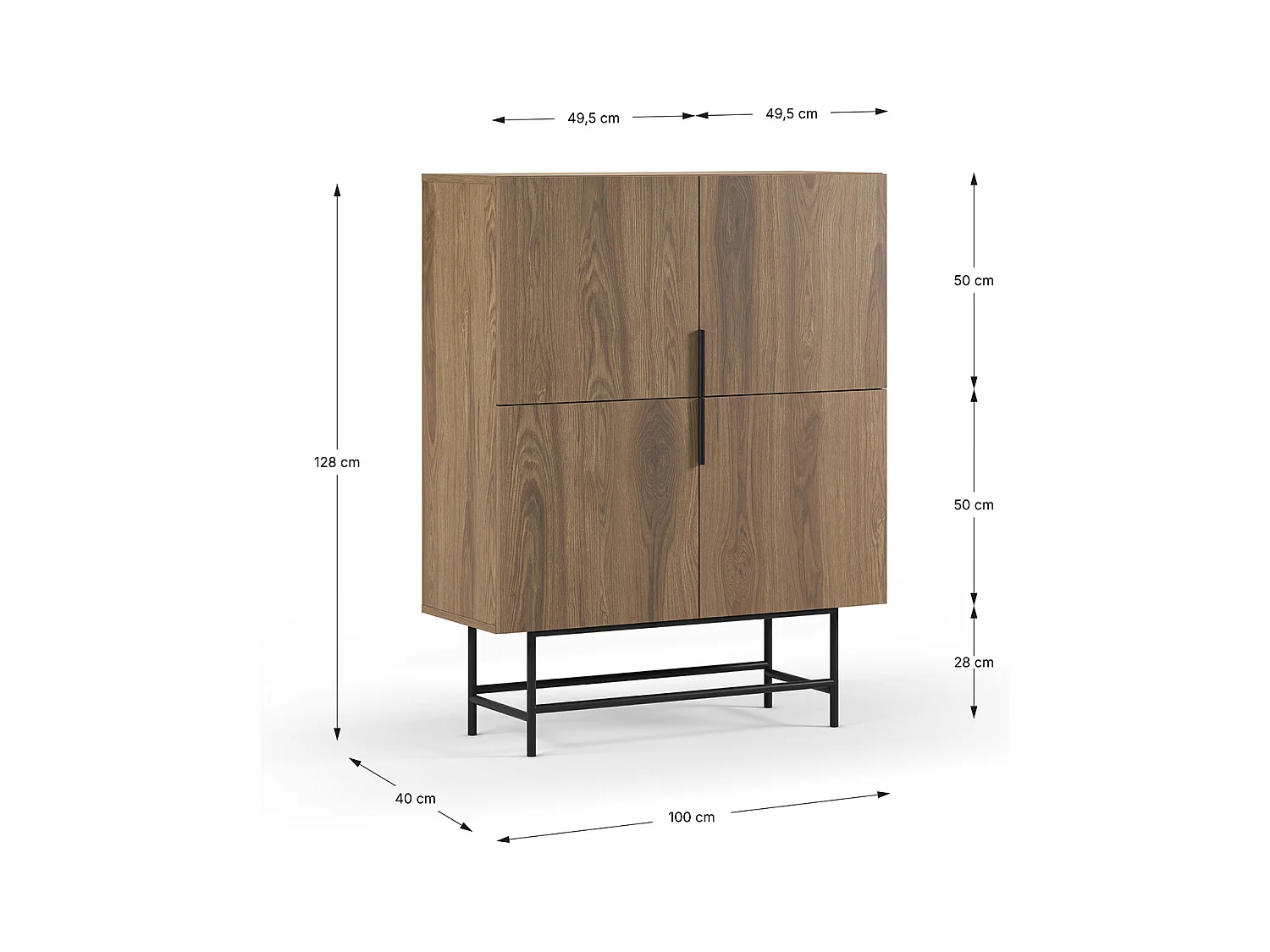 Buffet, meuble de rangement avec 4 portes aspect bois coloris chêne, pieds en métal coloris noir - Longueur 100 x Profondeur 40 x Hauteur 128 cm