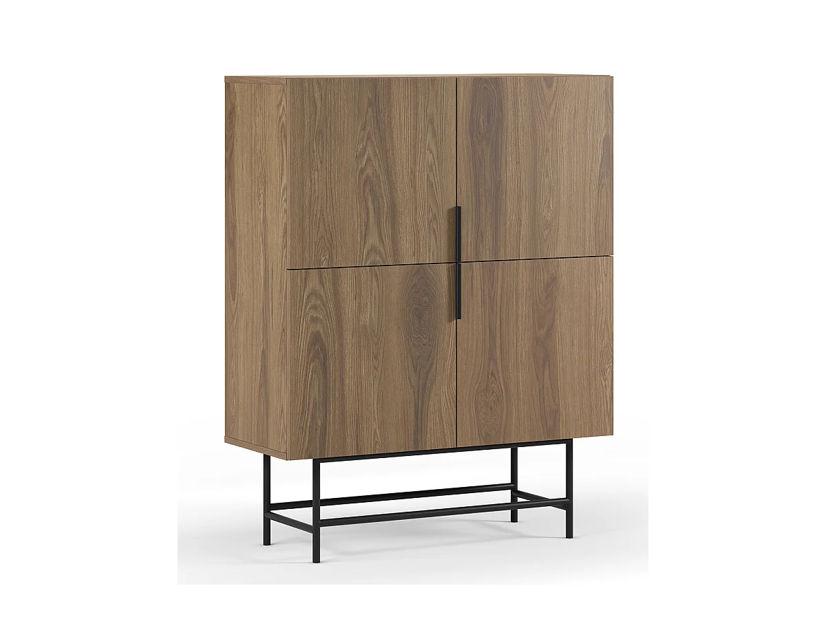 Buffet, meuble de rangement avec 4 portes aspect bois coloris chêne, pieds en métal coloris noir - Longueur 100 x Profondeur 40 x Hauteur 128 cm