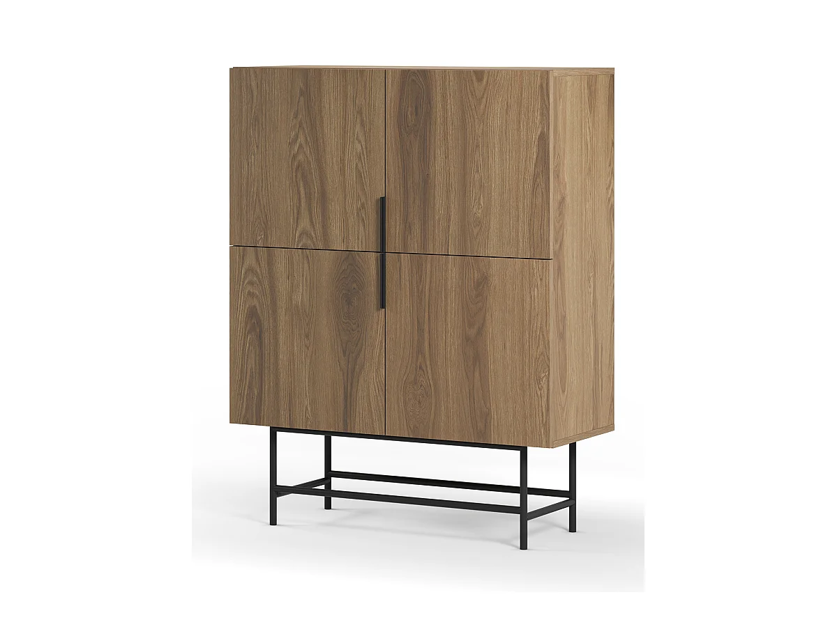 Buffet, meuble de rangement avec 4 portes aspect bois coloris chêne, pieds en métal coloris noir - Longueur 100 x Profondeur 40 x Hauteur 128 cm