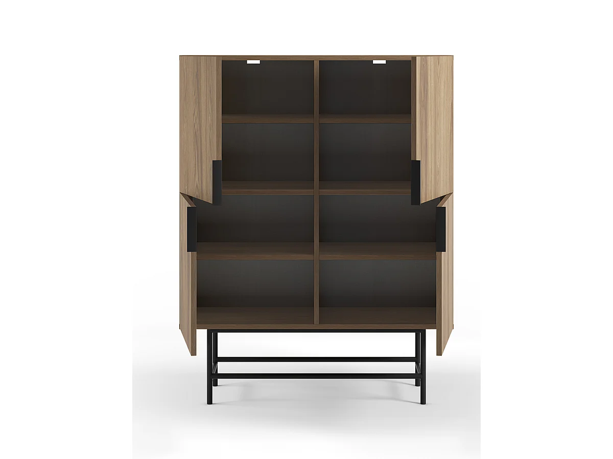 Buffet, meuble de rangement avec 4 portes aspect bois coloris chêne, pieds en métal coloris noir - Longueur 100 x Profondeur 40 x Hauteur 128 cm