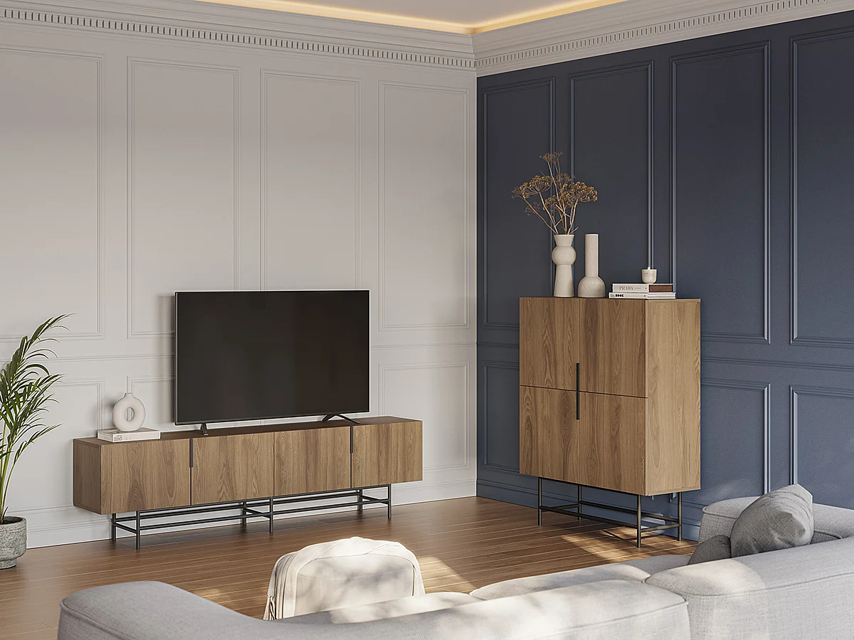 Buffet, meuble de rangement avec 4 portes aspect bois coloris chêne, pieds en métal coloris noir - Longueur 100 x Profondeur 40 x Hauteur 128 cm