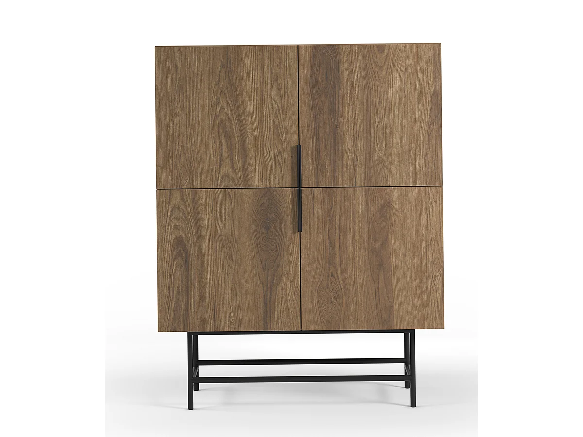 Buffet, meuble de rangement avec 4 portes aspect bois coloris chêne, pieds en métal coloris noir - Longueur 100 x Profondeur 40 x Hauteur 128 cm