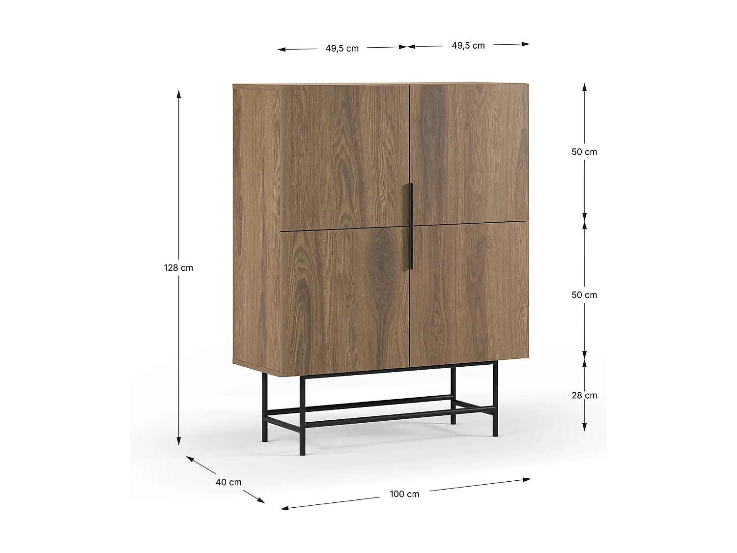 Buffet, meuble de rangement avec 4 portes aspect bois coloris chêne, pieds en métal coloris noir - Longueur 100 x Profondeur 40 x Hauteur 128 cm