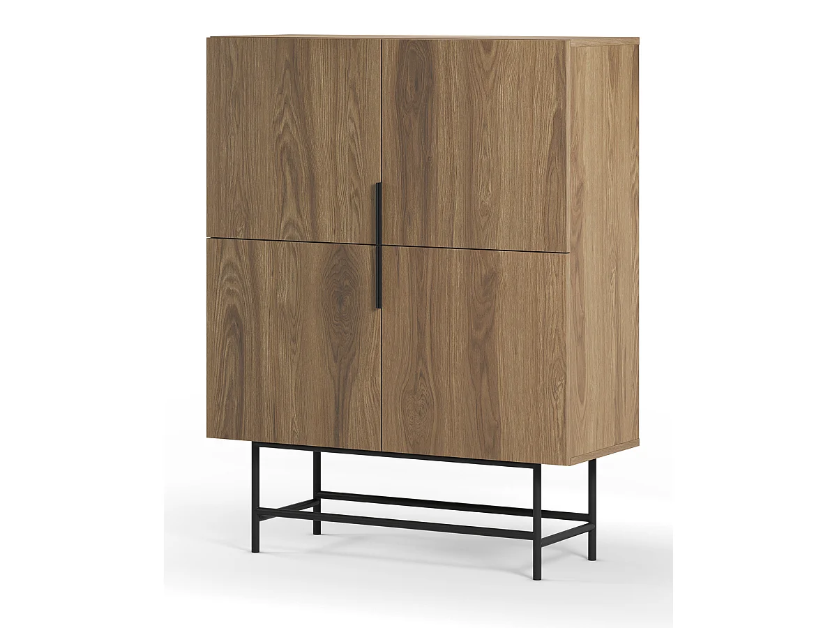 Buffet, meuble de rangement avec 4 portes aspect bois coloris chêne, pieds en métal coloris noir - Longueur 100 x Profondeur 40 x Hauteur 128 cm