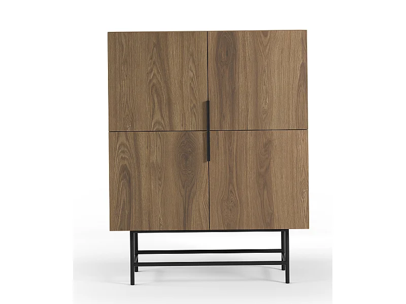 Buffet, meuble de rangement avec 4 portes aspect bois coloris chêne, pieds en métal coloris noir - Longueur 100 x Profondeur 40 x Hauteur 128 cm