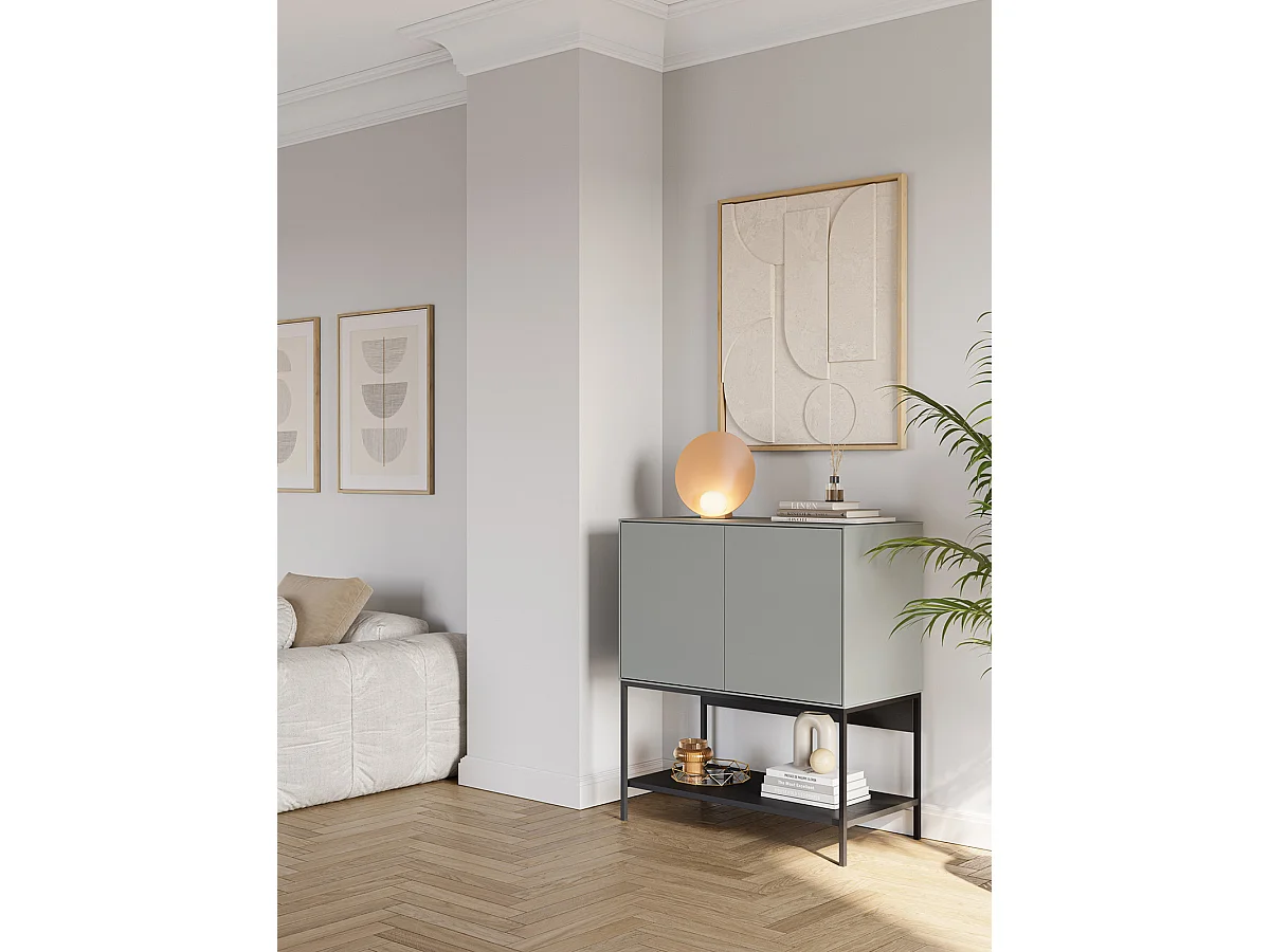 Buffet, meuble de rangement aspect bois avec 2 portes coloris Vert, pieds en métal noir   -Longueur 80 x Profondeur 40 x Hauteur 90 cm