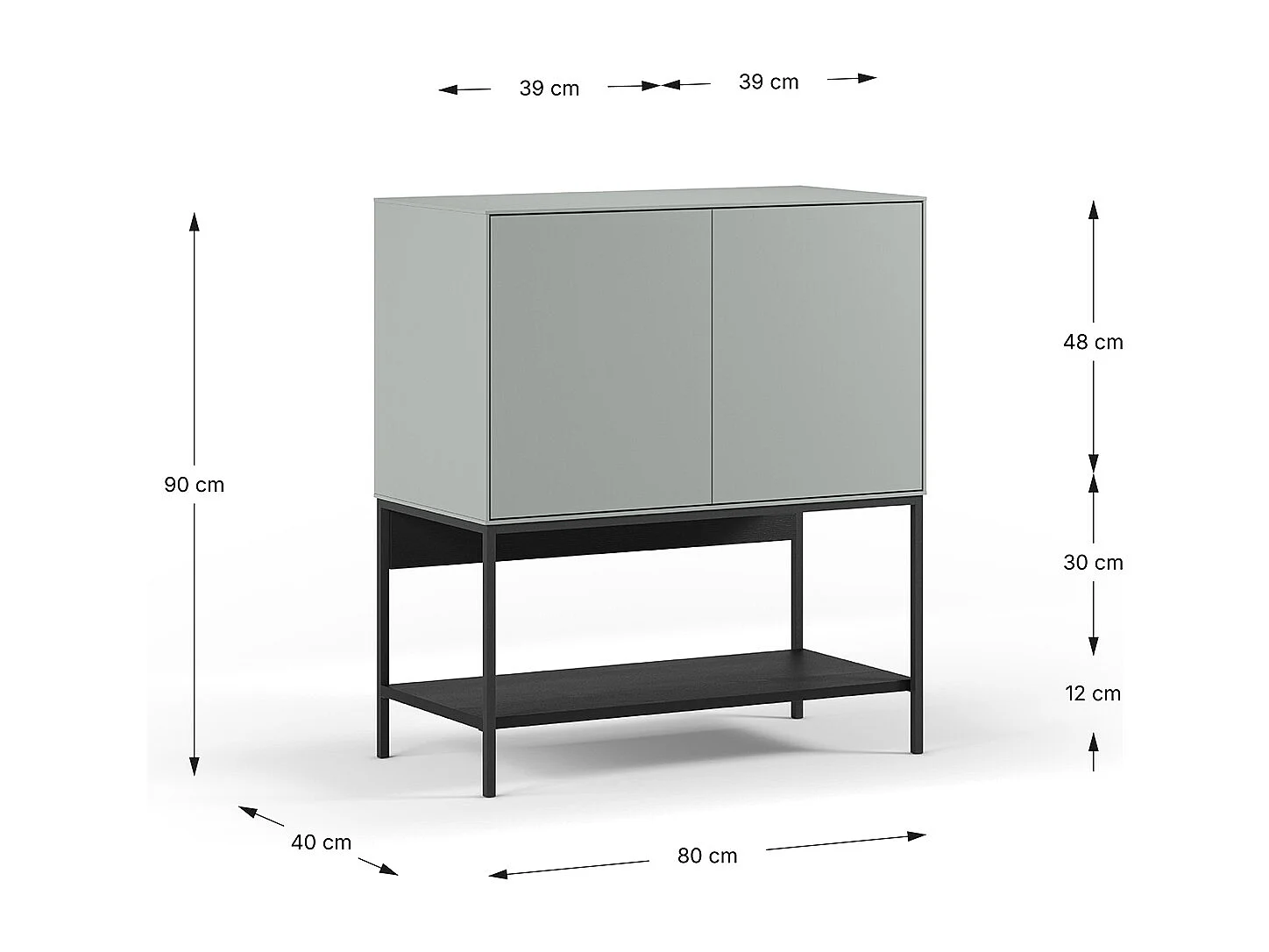 Buffet, meuble de rangement aspect bois avec 2 portes coloris Vert, pieds en métal noir   -Longueur 80 x Profondeur 40 x Hauteur 90 cm