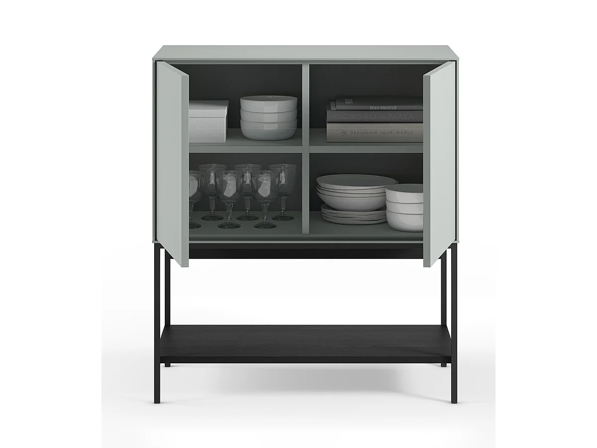 Buffet, meuble de rangement aspect bois avec 2 portes coloris Vert, pieds en métal noir   -Longueur 80 x Profondeur 40 x Hauteur 90 cm