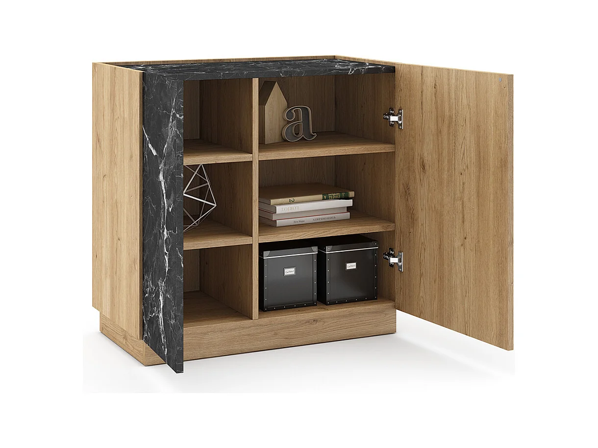 Buffet, meuble de rangement avec 2 portes aspect bois coloris naturel et effet marbre noir - Longueur 80 x Profondeur 41,80 x Hauteur 78,50 cm