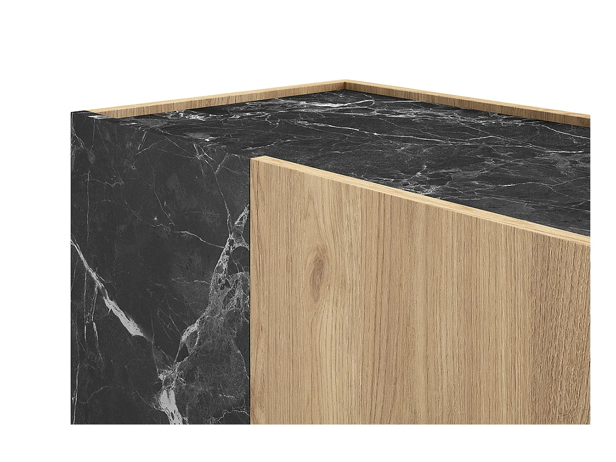 Buffet, meuble de rangement avec 2 portes aspect bois coloris naturel et effet marbre noir - Longueur 80 x Profondeur 41,80 x Hauteur 78,50 cm