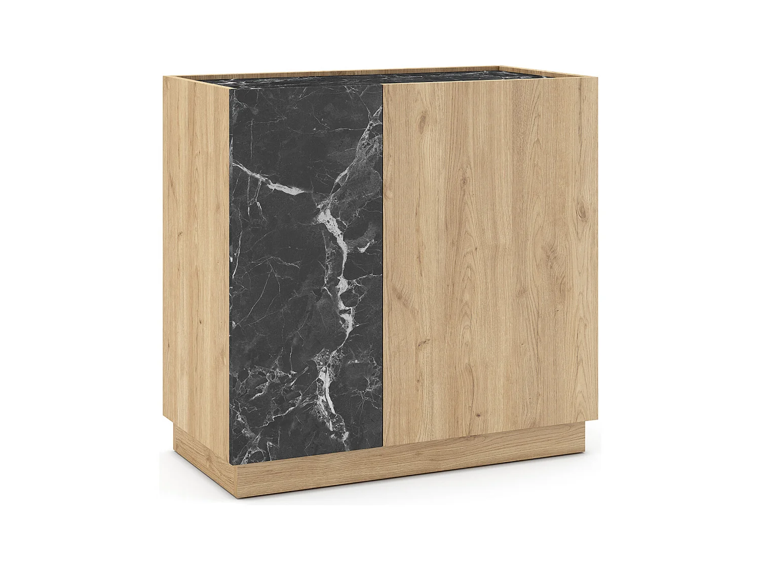 Buffet, meuble de rangement avec 2 portes aspect bois coloris naturel et effet marbre noir - Longueur 80 x Profondeur 41,80 x Hauteur 78,50 cm