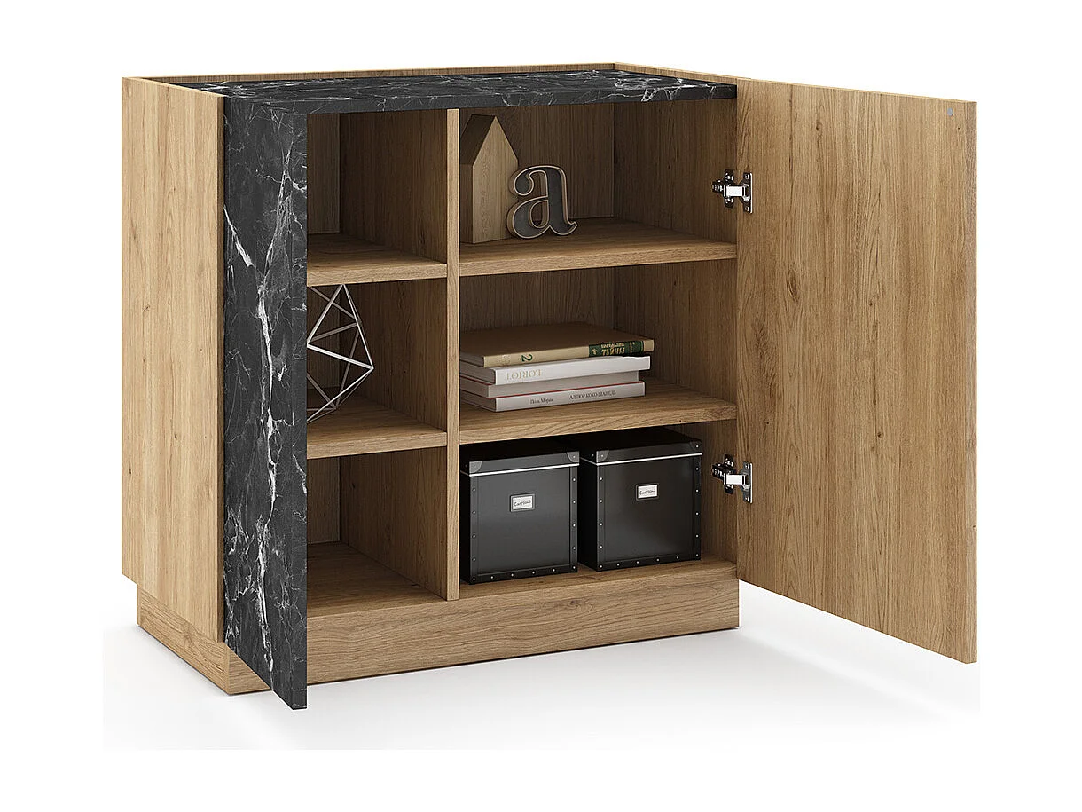 Buffet, meuble de rangement avec 2 portes aspect bois coloris naturel et effet marbre noir - Longueur 80 x Profondeur 41,80 x Hauteur 78,50 cm