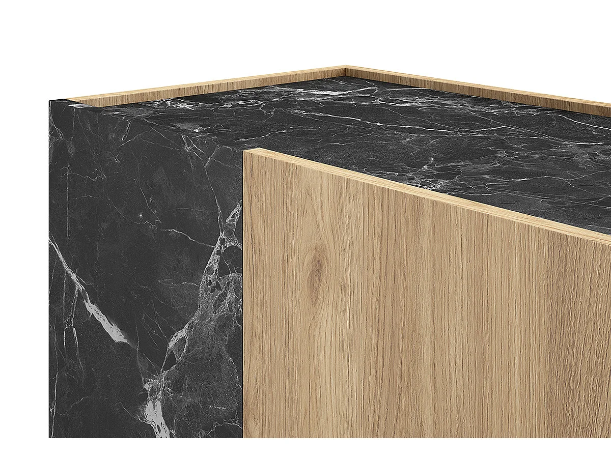 Buffet, meuble de rangement avec 2 portes aspect bois coloris naturel et effet marbre noir - Longueur 80 x Profondeur 41,80 x Hauteur 78,50 cm