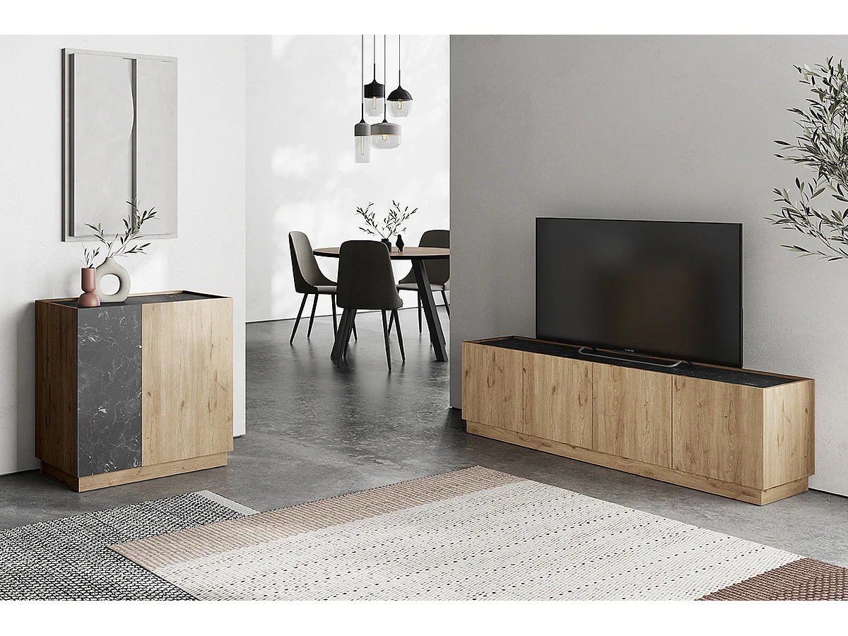 Buffet, meuble de rangement avec 2 portes aspect bois coloris naturel et effet marbre noir - Longueur 80 x Profondeur 41,80 x Hauteur 78,50 cm