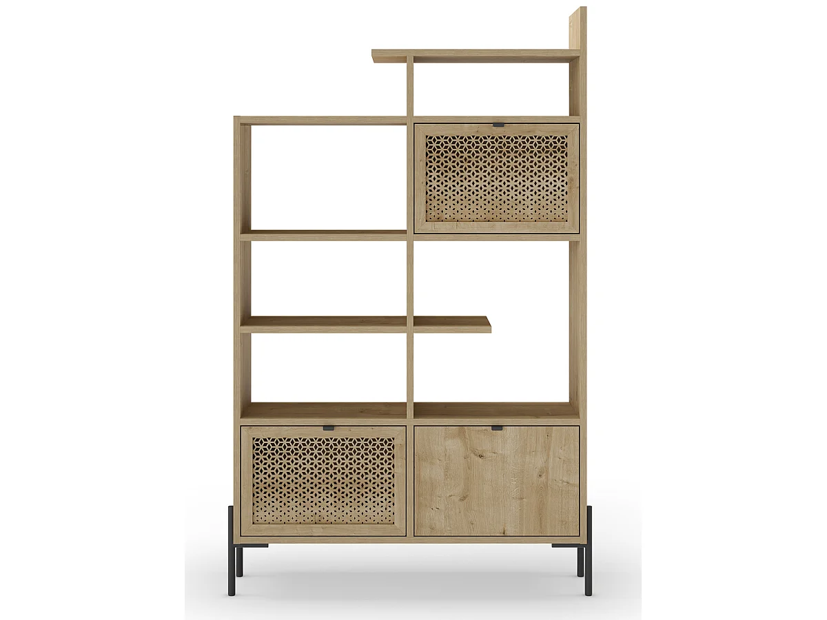 Bibliothèque, étagère avec 3 portes aspect bois coloris chêne, pieds en métal coloris noir  - Longueur 99,40 x Profondeur 29,50 x Hauteur 160 cm