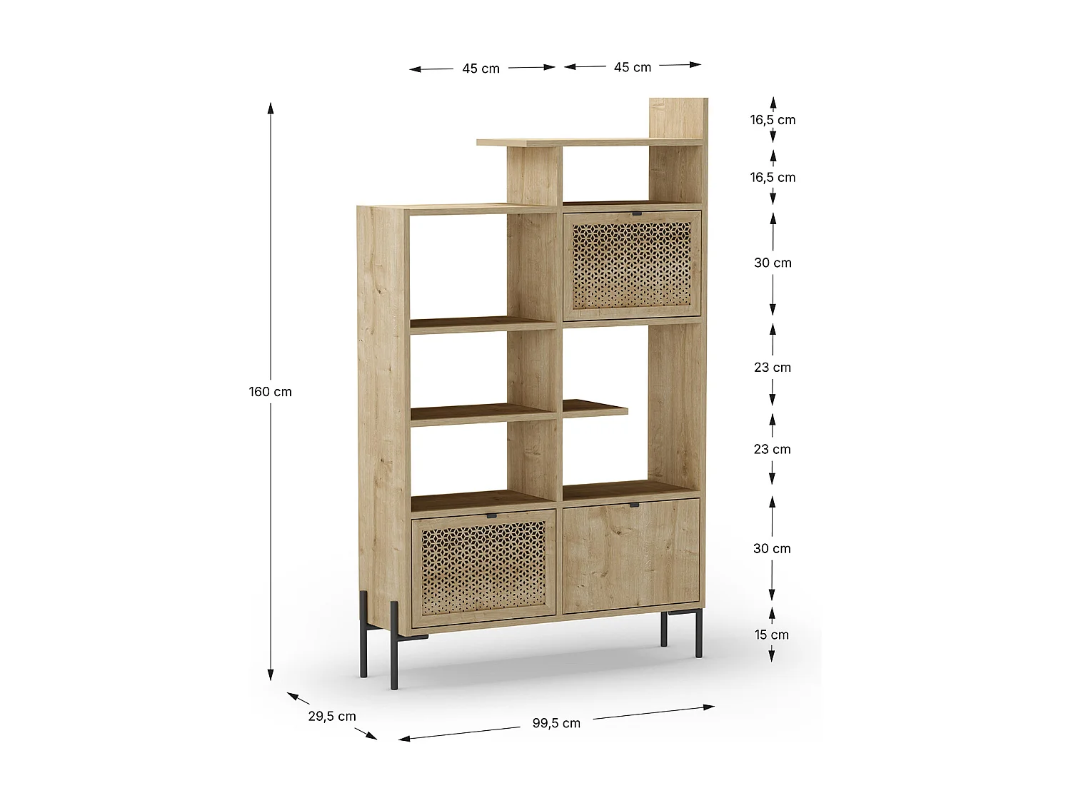 Bibliothèque, étagère avec 3 portes aspect bois coloris chêne, pieds en métal coloris noir  - Longueur 99,40 x Profondeur 29,50 x Hauteur 160 cm