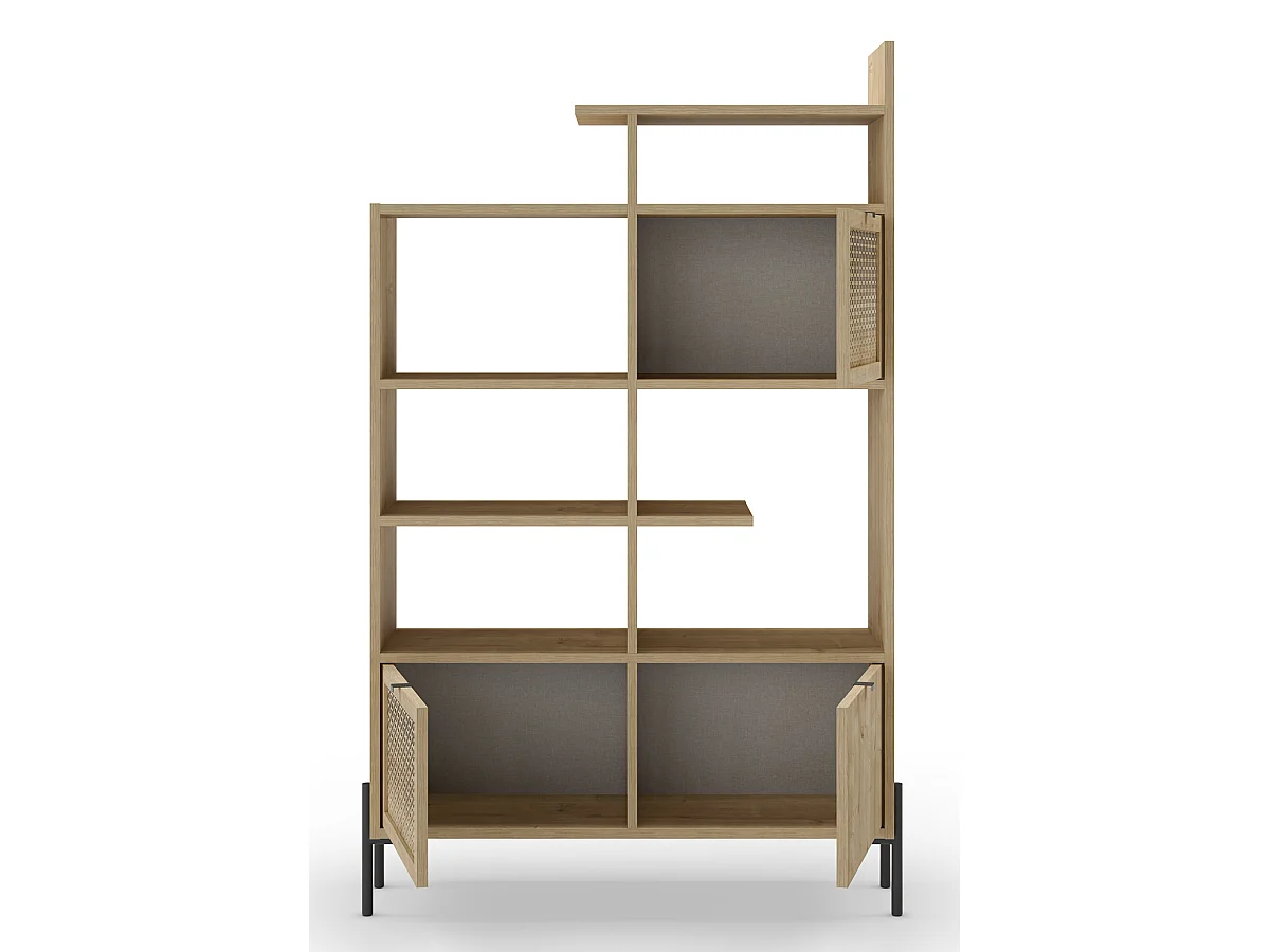 Bibliothèque, étagère avec 3 portes aspect bois coloris chêne, pieds en métal coloris noir  - Longueur 99,40 x Profondeur 29,50 x Hauteur 160 cm