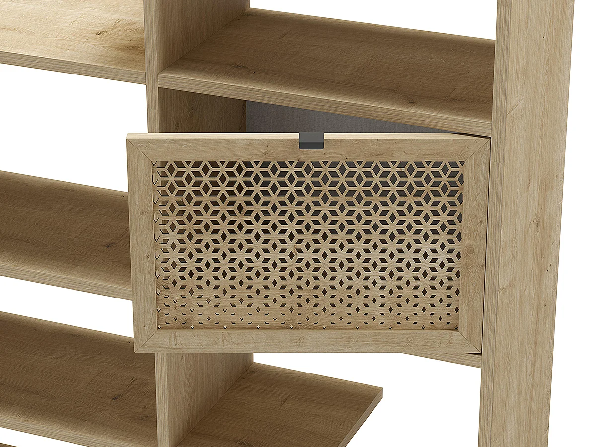 Bibliothèque, étagère avec 3 portes aspect bois coloris chêne, pieds en métal coloris noir  - Longueur 99,40 x Profondeur 29,50 x Hauteur 160 cm