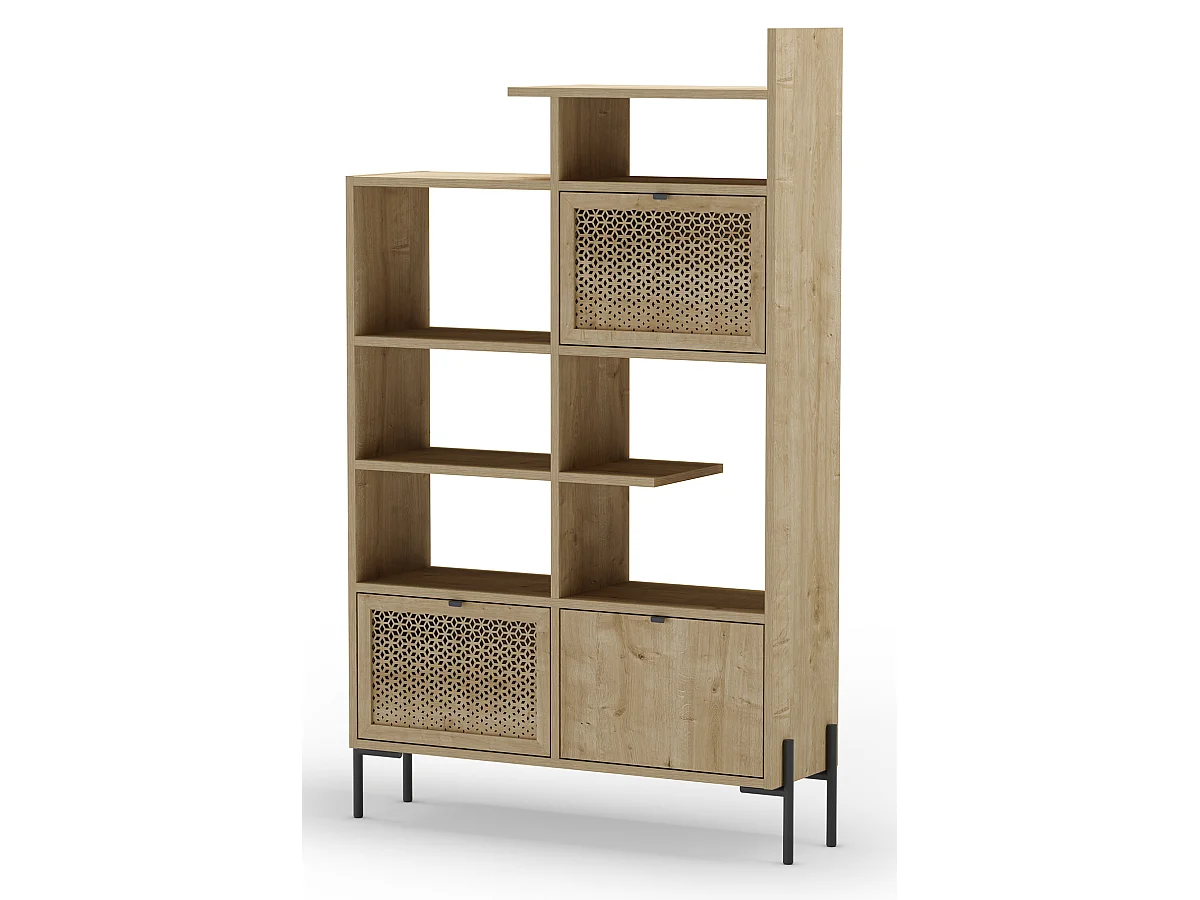 Bibliothèque, étagère avec 3 portes aspect bois coloris chêne, pieds en métal coloris noir  - Longueur 99,40 x Profondeur 29,50 x Hauteur 160 cm