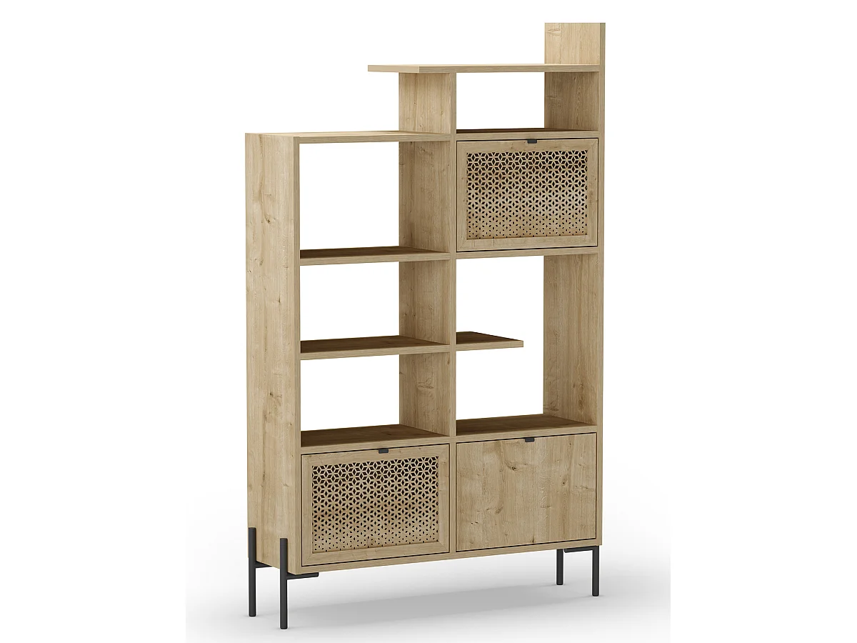Bibliothèque, étagère avec 3 portes aspect bois coloris chêne, pieds en métal coloris noir  - Longueur 99,40 x Profondeur 29,50 x Hauteur 160 cm