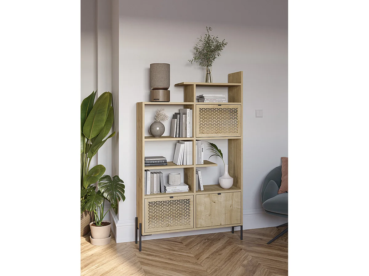 Bibliothèque, étagère avec 3 portes aspect bois coloris chêne, pieds en métal coloris noir  - Longueur 99,40 x Profondeur 29,50 x Hauteur 160 cm